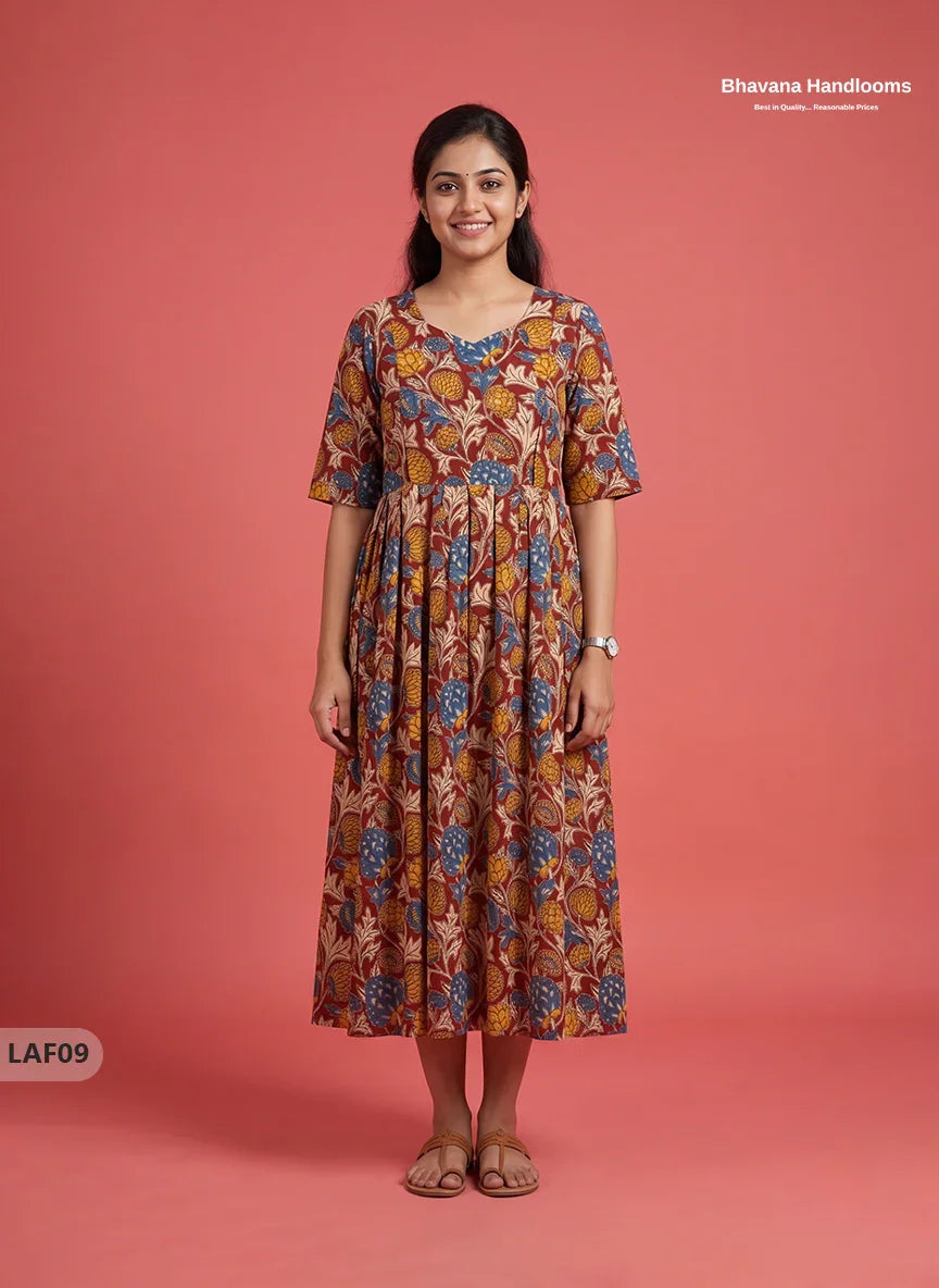 Feeding Frock with Kalamkari Design – Red Color | Invisible Zips | Half Lining Maternity Wear