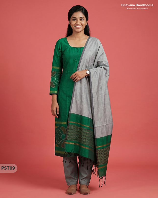 Pochampally Semi Pattu 3PC Kurti Set in Dark Green Colour | Ready-to-Wear Ethnic Wear