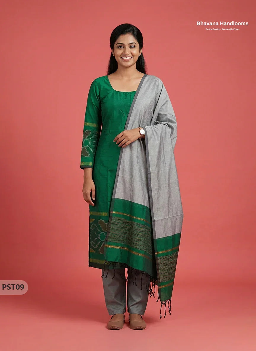 Pochampally Semi Pattu 3PC Kurti Set in Dark Green Colour | Ready-to-Wear Ethnic Wear