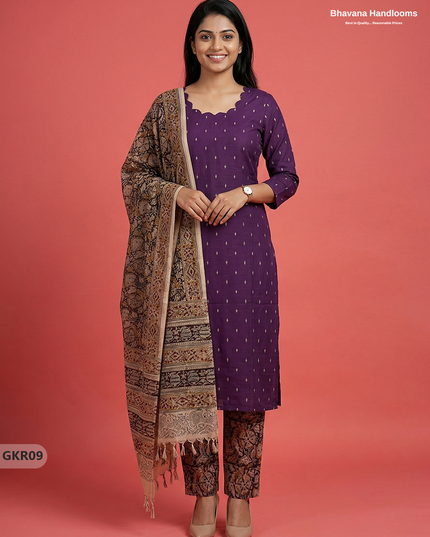 Raw Silk 3PC Kurti Set with Kalamkari Dupatta & Elastic Bottom in Violet Colour | Ethnic Wear