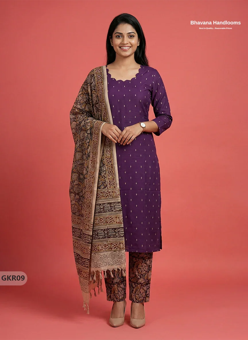 Raw Silk 3PC Kurti Set with Kalamkari Dupatta & Elastic Bottom in Violet Colour | Ethnic Wear