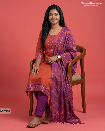 Premium Mangalagiri Kurti Set with Embroidery Design, Threads Bottom & Printed Dupatta – Pink & Orange Double Wevan