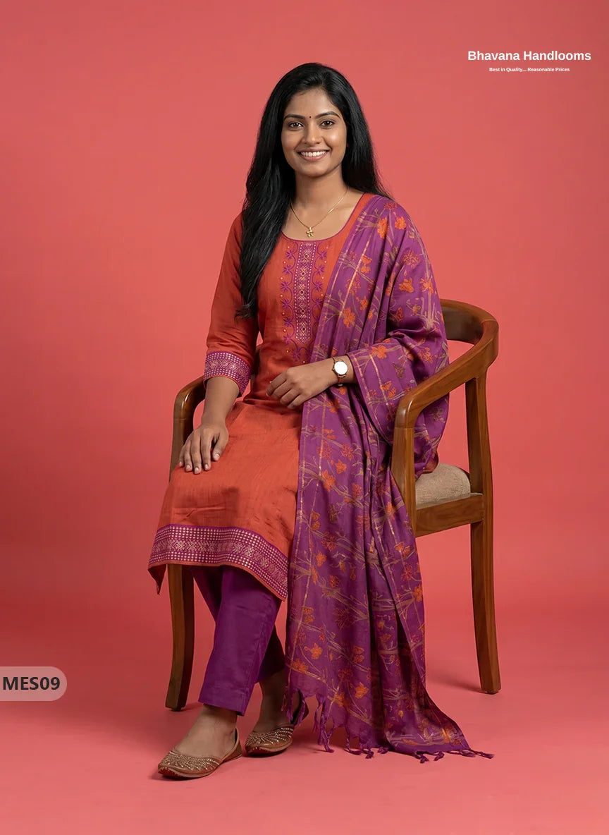 Premium Mangalagiri Kurti Set with Embroidery Design, Threads Bottom & Printed Dupatta – Pink & Orange Double Wevan
