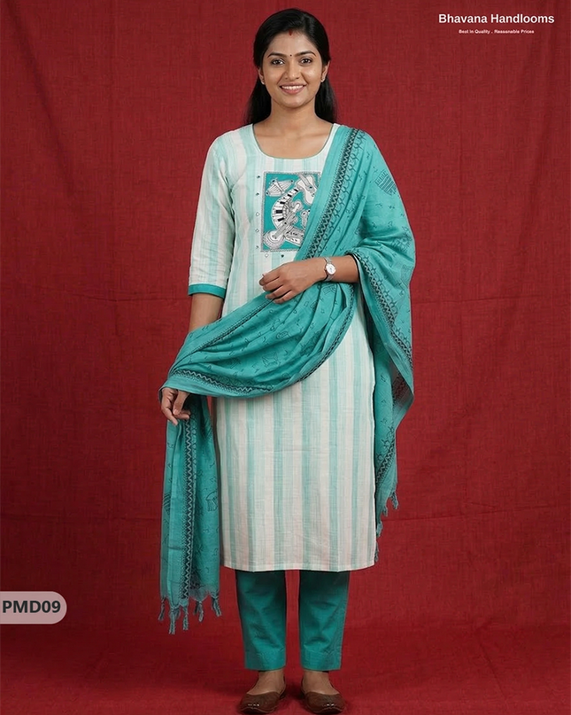 Stylish Cotton 3PC Kurti Set with Cyan & Off-White Stripes, Musical Panel Design | Cyan Dupatta