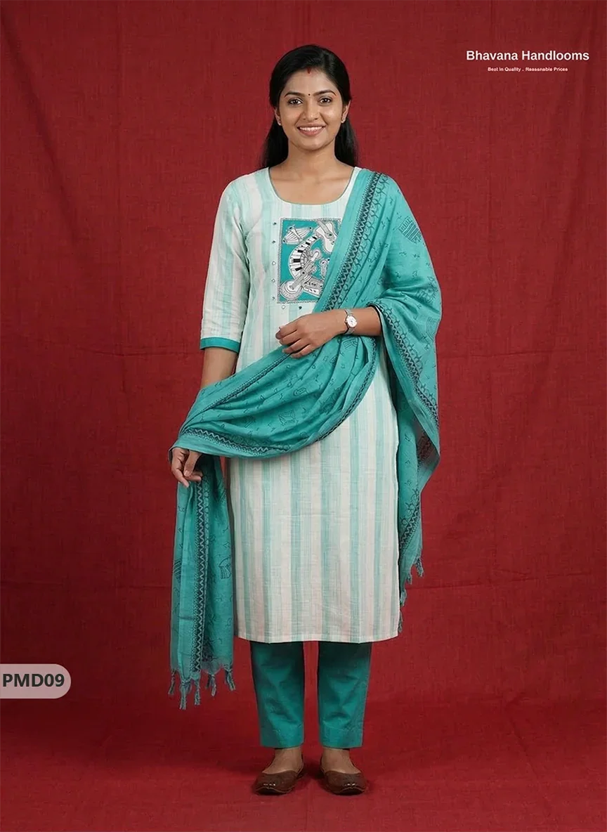 Stylish Cotton 3PC Kurti Set with Cyan & Off-White Stripes, Musical Panel Design | Cyan Dupatta