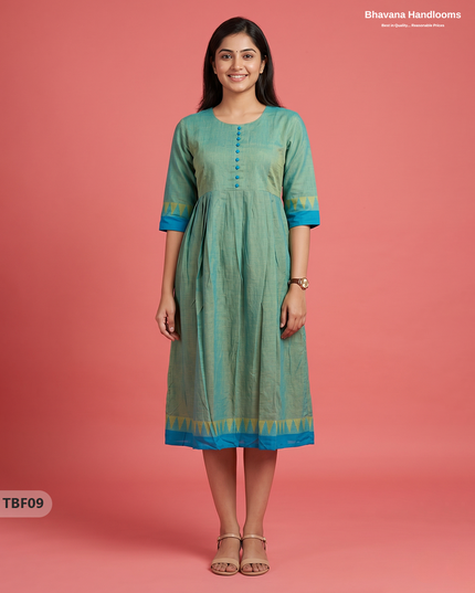 Premium Mangalagiri Temple Border Frock with Potli Balls | Pastel aqua green Colour | Half Lining
