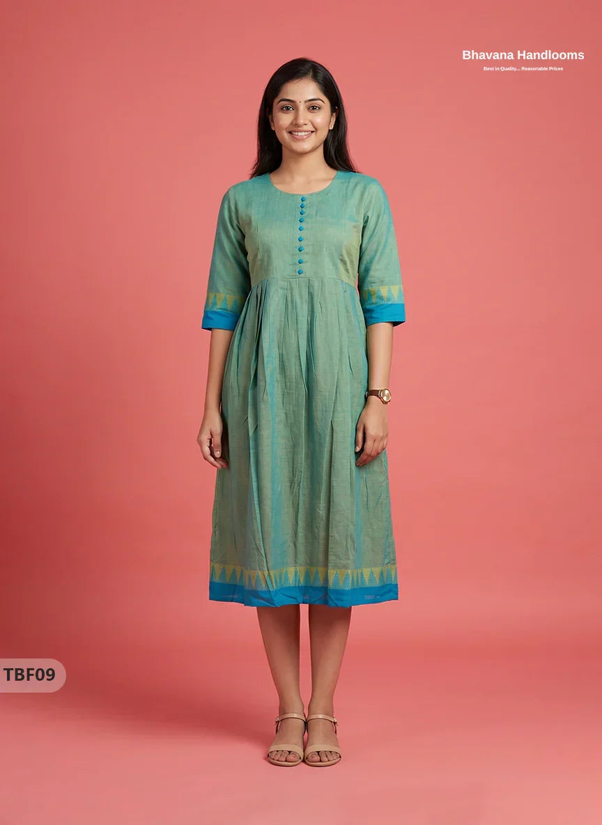 Premium Mangalagiri Temple Border Frock with Potli Balls | Pastel aqua green Colour | Half Lining