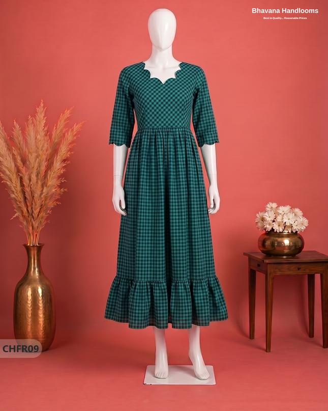 Handloom Cotton Frock in Teal Green & Deep Navy Blue Checks with Stylish Neck Cut Work | Soft & Comfortable