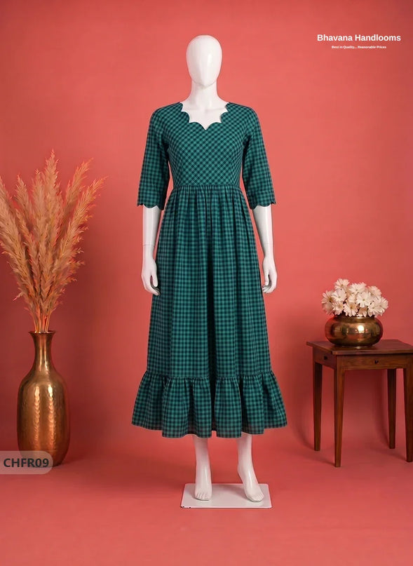 Mangalagiri Cotton Frock in Teal Green & Deep Navy Blue Checks with Stylish Neck Cut Work | Soft & Comfortable