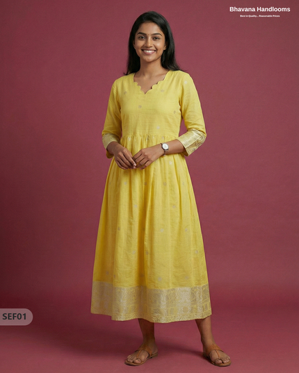Premium Soft Semi Pattu Frock in Pastel Yellow | Full Length Lining