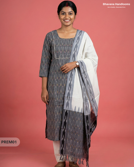 Premium Ikkat 3 Piece Stitched Set – Ready to Wear Kurta, Bottom & Dupatta – Gray colour Handloom Ethnic Wear