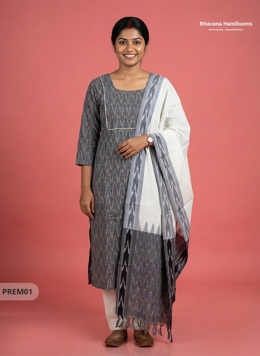 Premium Ikkat 3 Piece Stitched Set – Ready to Wear Kurta, Bottom & Dupatta – Gray colour Handloom Ethnic Wear