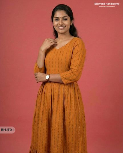 Premium Musted Yellow Jacquard Woven Frock with Full Length Lining