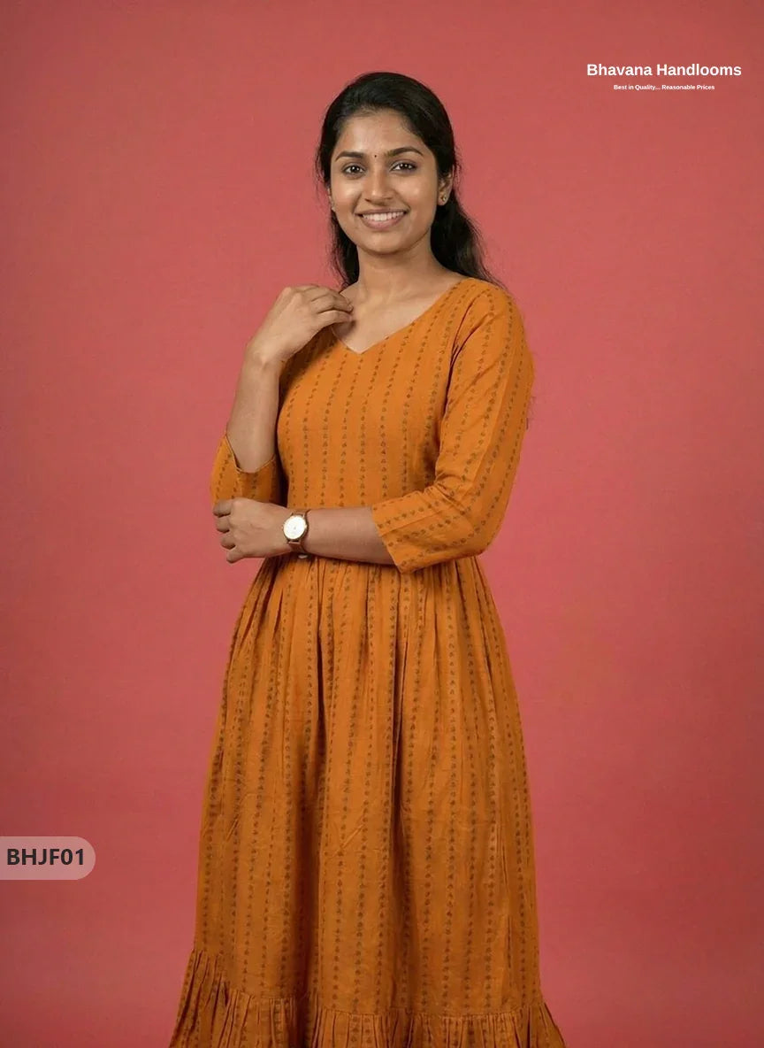 Premium Musted Yellow Jacquard Woven Frock with Half Length Lining