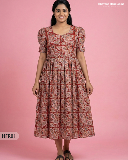 Feeding Frock with Handblock Design – Red Color | Invisible Zips | Half Lining Maternity Wear