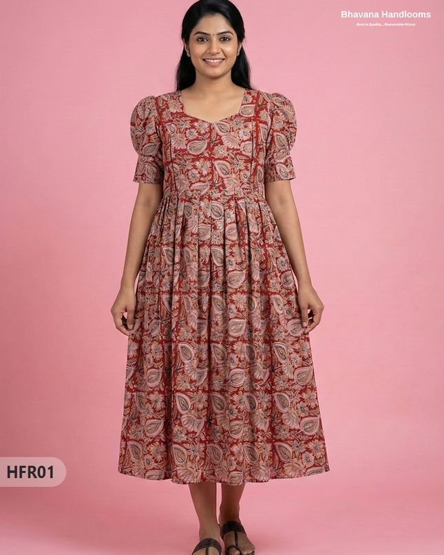 Feeding Frock with Handblock Design – Red Color | Invisible Zips | Half Lining Maternity Wear