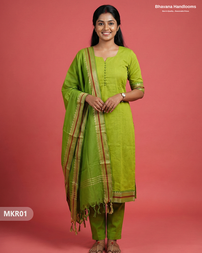 Mangalagiri Border Kurti Set with Potli Buttons | Parrot Green Colour | Traditional Cotton Ethnic Set