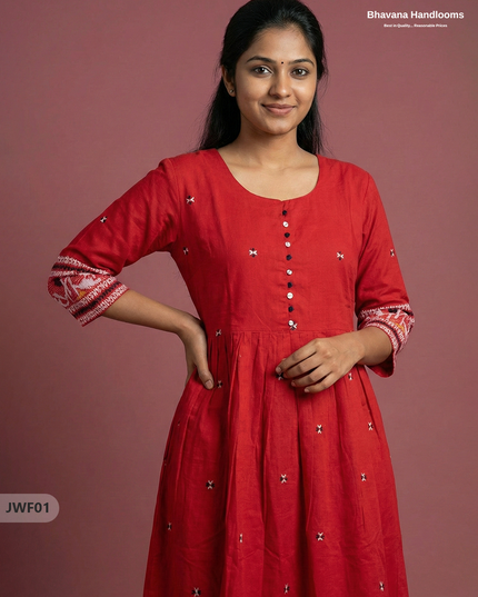Exclusive Premium Jacquard Woven Frock in Red | 120 Count Fabric | Limited Edition