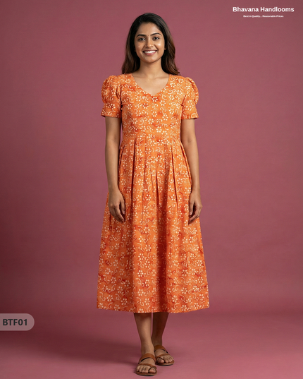 Handmade Batik Frock with Natural Dye – Potli Ball Neck Design Orange Colour