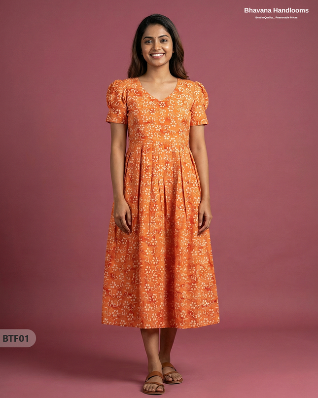 Handmade Batik Frock with Natural Dye – Potli Ball Neck Design Orange Colour
