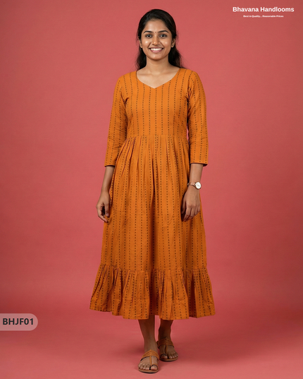 Premium Musted Yellow Jacquard Woven Frock with Full Length Lining