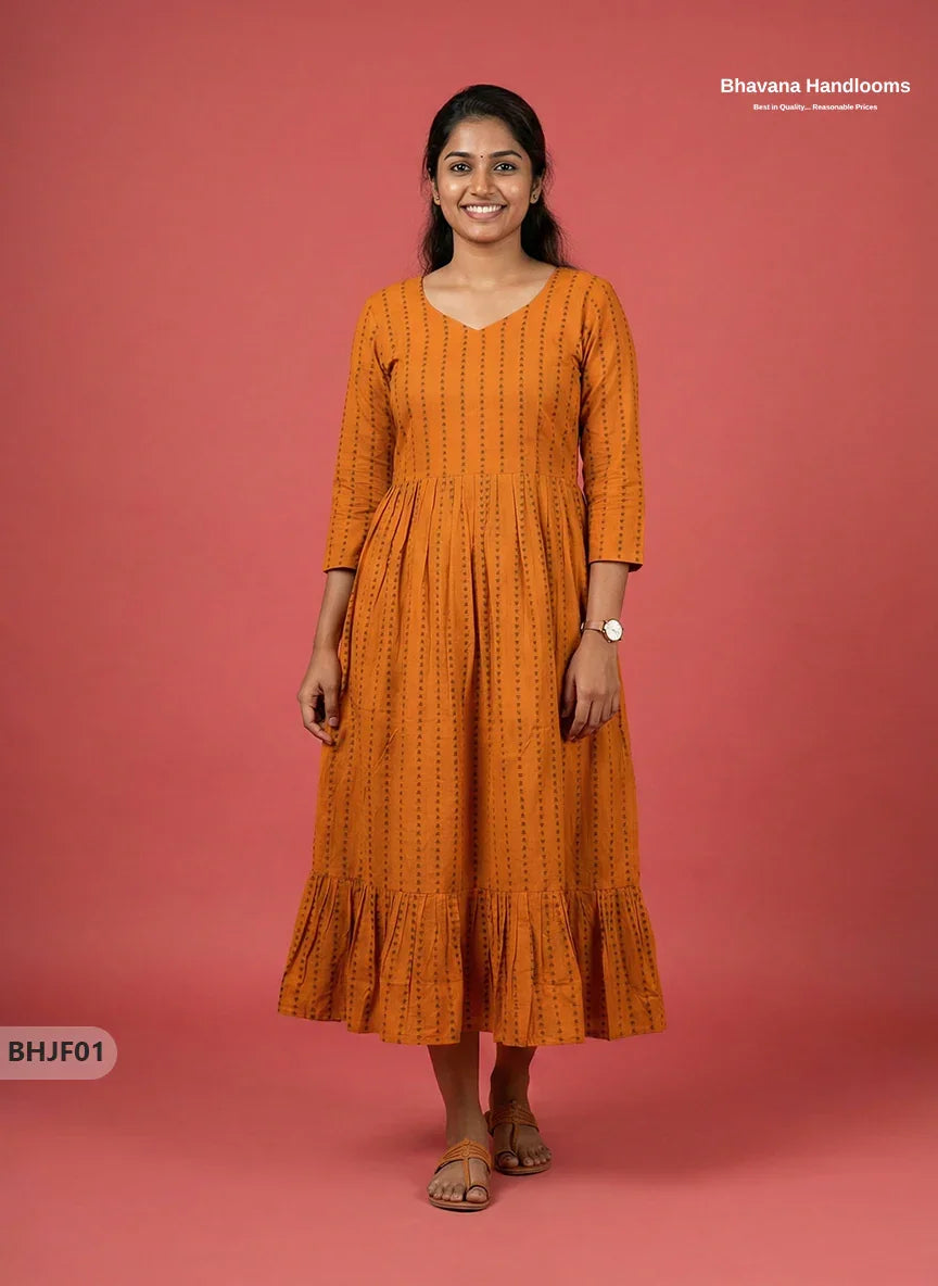 Premium Musted Yellow Jacquard Woven Frock with Half Length Lining