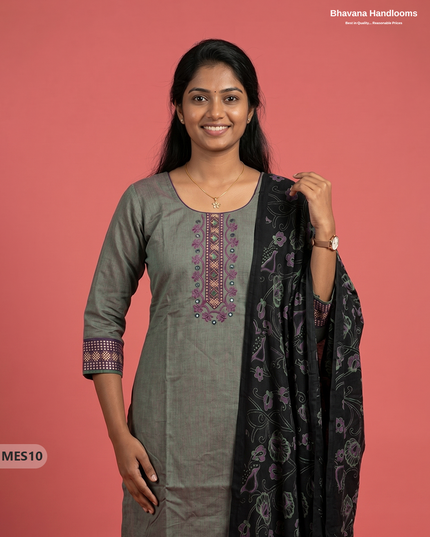 Premium Mangalagiri Kurti Set with Embroidery Design, Threads Bottom & Printed Dupatta – Olive Grey Colour