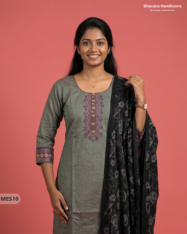 Premium Mangalagiri Kurti Set with Embroidery Design, Elastic Bottom & Printed Dupatta – Olive Grey Colour