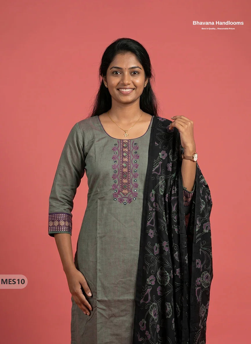 Premium Mangalagiri Kurti Set with Embroidery Design, Elastic Bottom & Printed Dupatta – Olive Grey Colour