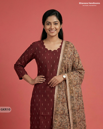 Raw Silk 3PC Kurti Set with Kalamkari Dupatta & Elastic Bottom in Maroon Colour | Ethnic Wear