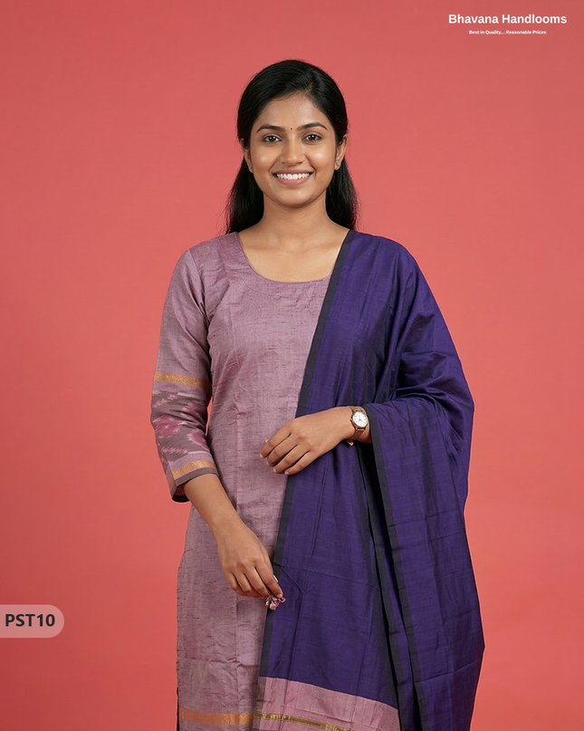 Pochampally Semi Pattu 3PC Kurti Set in Pastel Purple Colour | Ready-to-Wear Ethnic Wear