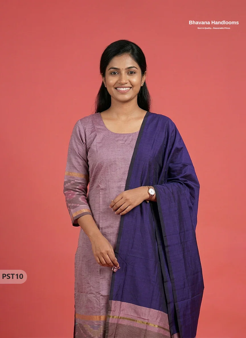 Pochampally Semi Pattu 3PC Kurti Set in Pastel Purple Colour | Ready-to-Wear Ethnic Wear
