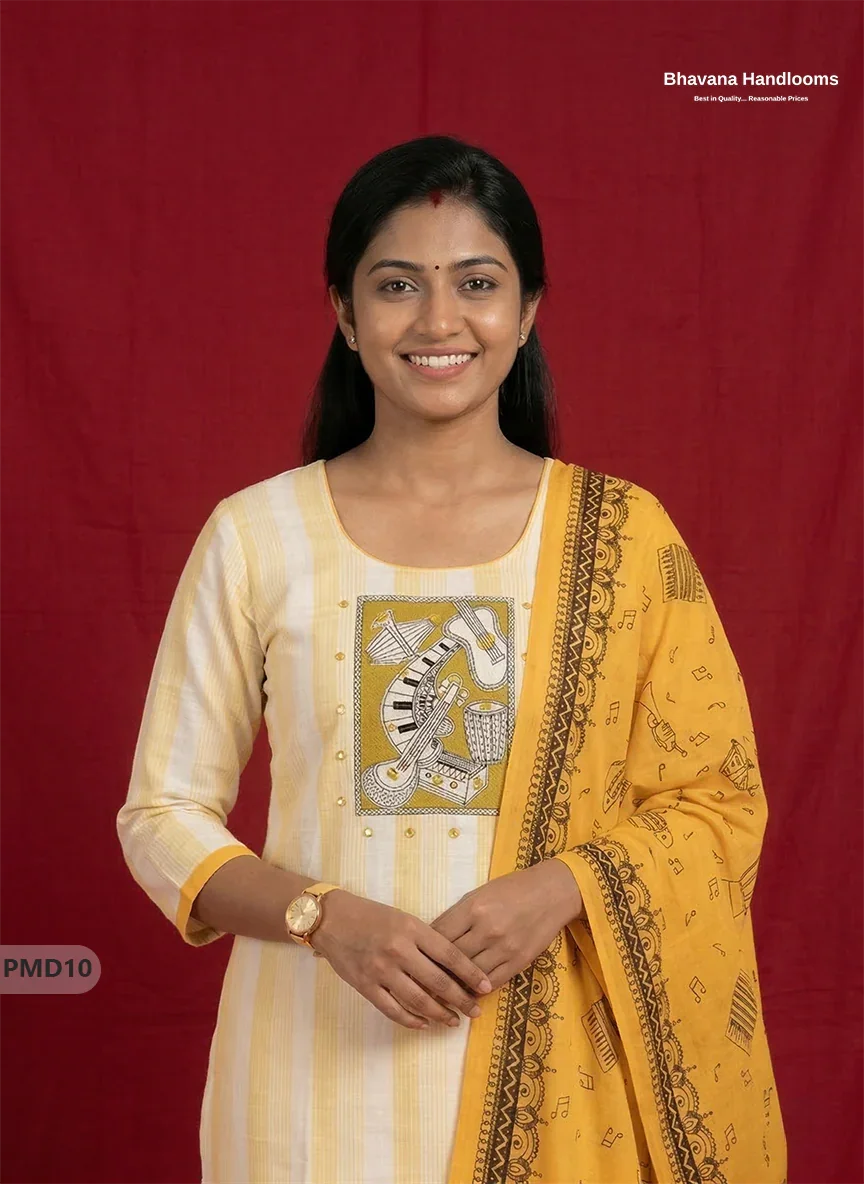 Stylish Cotton 3PC Kurti Set with Yellow & Off-White Stripes, Musical Panel Design | Yellow Dupatta