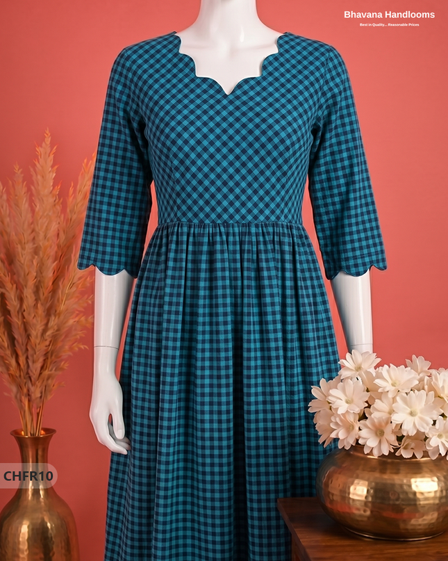 Handloom Cotton Frock in Cyan Blue & Deep Navy Blue with Stylish Neck Cut Work | Soft & Comfortable