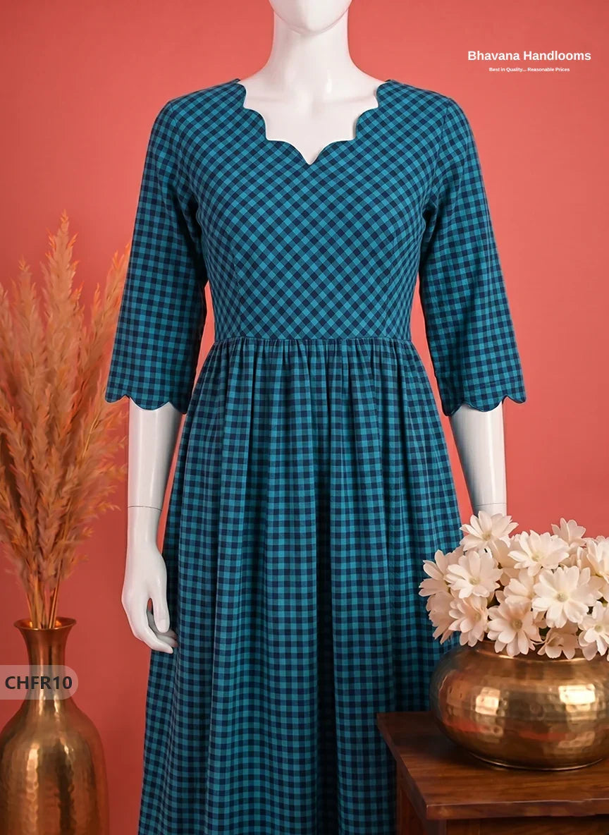 Mangalagiri Cotton Frock in Cyan Blue & Deep Navy Blue with Stylish Neck Cut Work | Soft & Comfortable