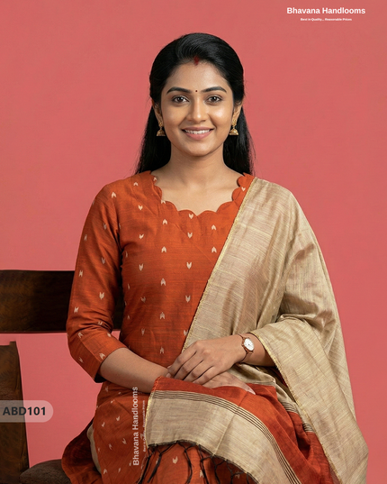 Raw Silk 3-Piece Kurti Set with Cut Work Neck Design in Orange Colour | Full-Length Lined Kurti with Gold Dupatta