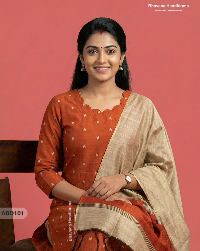Raw Silk 3-Piece Kurti Set with Cut Work Neck Design in Orange Colour | Full-Length Lined Kurti with Gold Dupatta