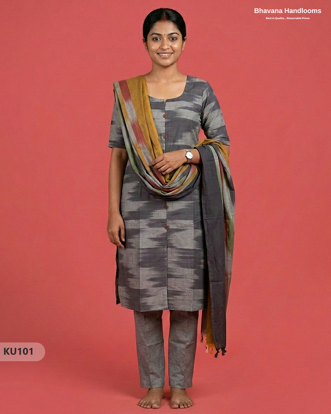 Ikkat Cotton 3PC Kurti Set in Gray Colour with Show Buttons | Ready-to-Wear
