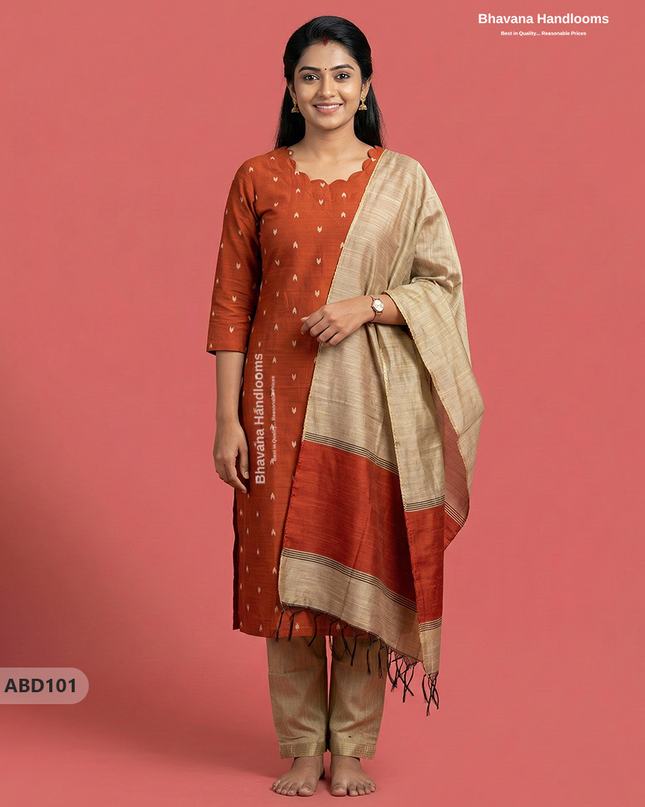 Raw Silk 3-Piece Kurti Set with Cut Work Neck Design in Orange Colour | Full-Length Lined Kurti with Gold Dupatta