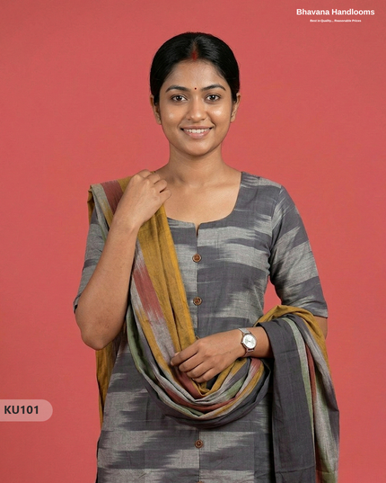 Ikkat Cotton 3PC Kurti Set in Gray Colour with Show Buttons | Ready-to-Wear