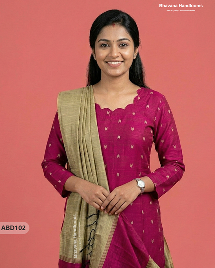 Raw Silk 3-Piece Kurti Set with Cut Work Neck Design in Pink Colour | Full-Length Lined Kurti with Gold Dupatta