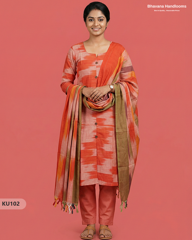 Ikkat Cotton 3PC Kurti Set in Tomato Red Colour with Show Buttons | Ready-to-Wear
