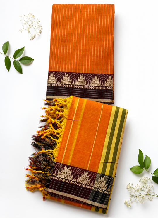 Narayanpet Mercerised Cotton Unstitched Dress Material With Orange Color