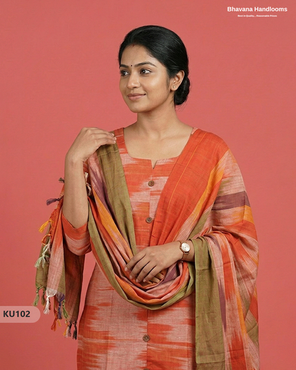 Ikkat Cotton 3PC Kurti Set in Tomato Red Colour with Show Buttons | Ready-to-Wear