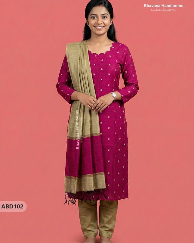 Raw Silk 3-Piece Kurti Set with Cut Work Neck Design in Pink Colour | Full-Length Lined Kurti with Gold Dupatta