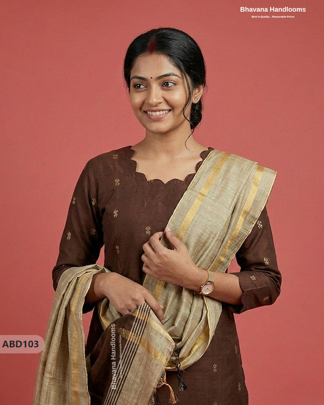 Raw Silk 3-Piece Kurti Set with Cut Work Neck Design in Brown Colour | Full-Length Lined Kurti with Gold Dupatta