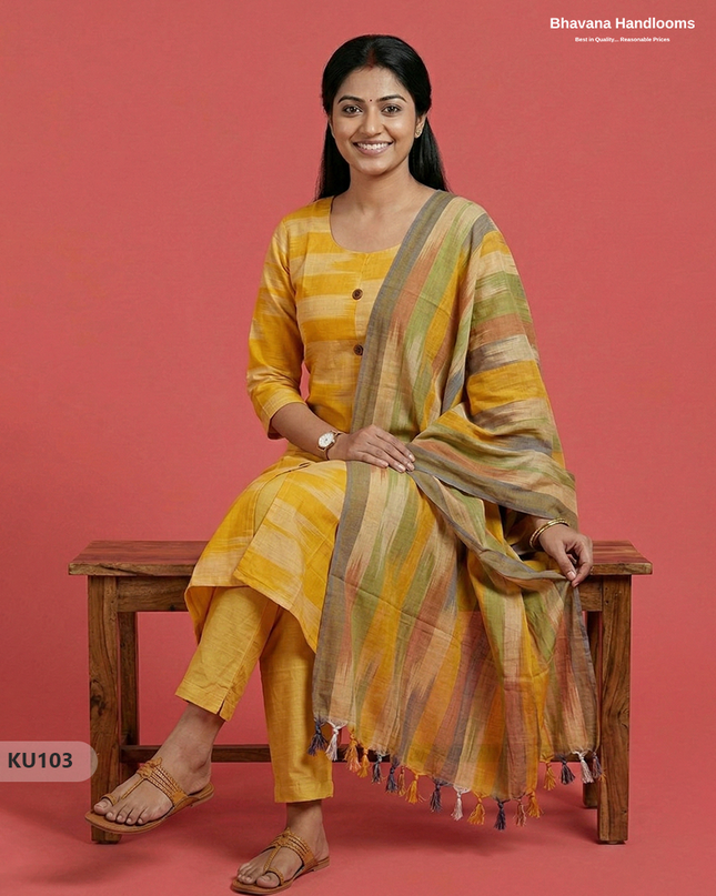 Ikkat Cotton 3PC Kurti Set in Yellow Colour with Show Buttons | Ready-to-Wear