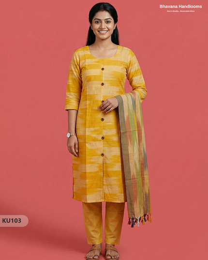 Ikkat Cotton 3PC Kurti Set in Yellow Colour with Show Buttons | Ready-to-Wear