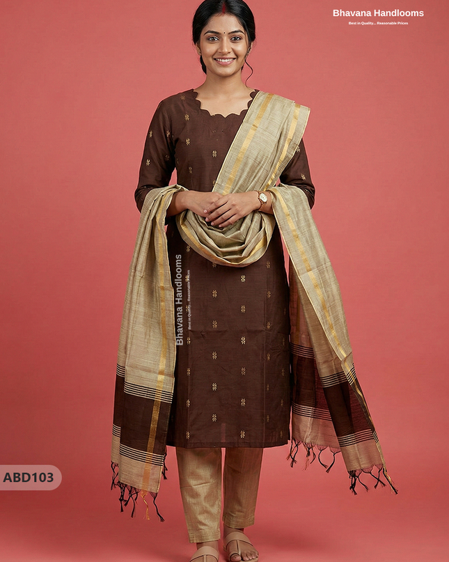 Raw Silk 3-Piece Kurti Set with Cut Work Neck Design in Brown Colour | Full-Length Lined Kurti with Gold Dupatta