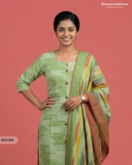 Ikkat Cotton 3PC Kurti Set in Green Colour with Show Buttons | Ready-to-Wear